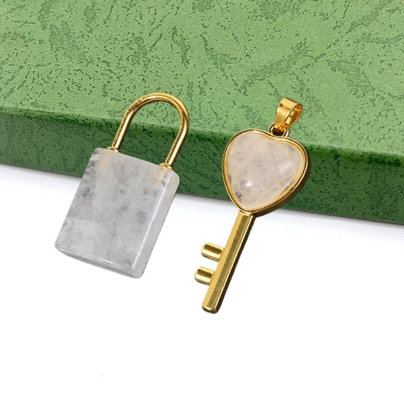 Natural crystal Gemstone Lovers Lock Key Pendant Love Shape Energy Necklace jewelry Reiki Beloved Female Valentine's Day Gif