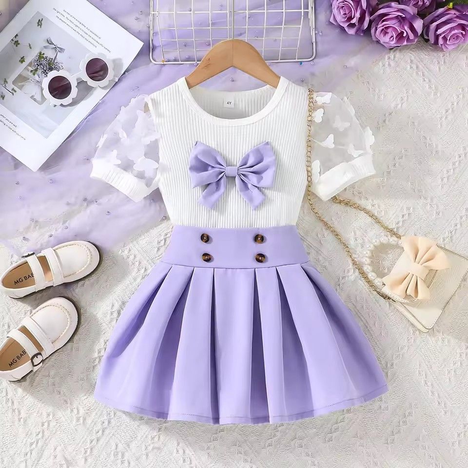 1pcKid Girl  Puff Tulle Sleeve Bow Blouse and Elastic Pleated Skirt Summer Outfit Toddler Infant Clothing Set Kids Wear Ootd