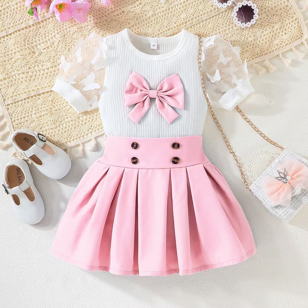 1pcKid Girl  Puff Tulle Sleeve Bow Blouse and Elastic Pleated Skirt Summer Outfit Toddler Infant Clothing Set Kids Wear Ootd