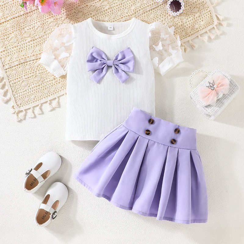 1pcKid Girl  Puff Tulle Sleeve Bow Blouse and Elastic Pleated Skirt Summer Outfit Toddler Infant Clothing Set Kids Wear Ootd