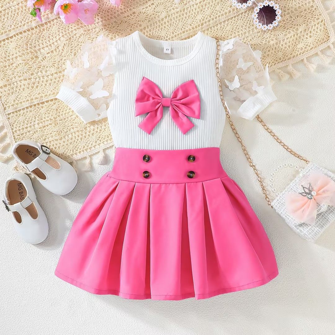 1pcKid Girl  Puff Tulle Sleeve Bow Blouse and Elastic Pleated Skirt Summer Outfit Toddler Infant Clothing Set Kids Wear Ootd