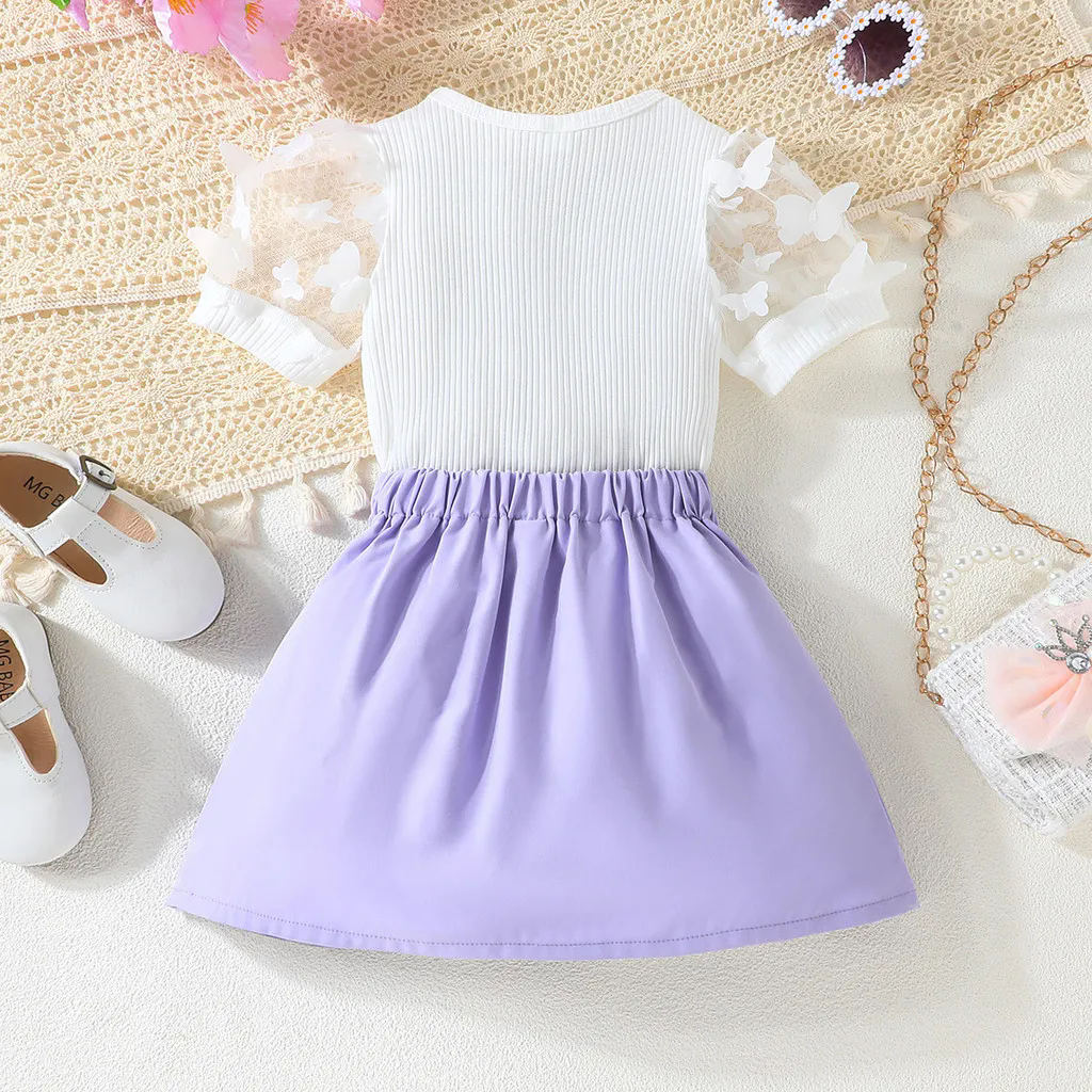 1pcKid Girl  Puff Tulle Sleeve Bow Blouse and Elastic Pleated Skirt Summer Outfit Toddler Infant Clothing Set Kids Wear Ootd