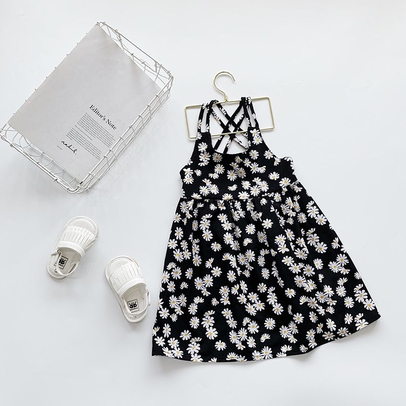 1pc casual dress with daisy print sleeveless dress for girls aged 2 to 6, children's dress, flower girl dress