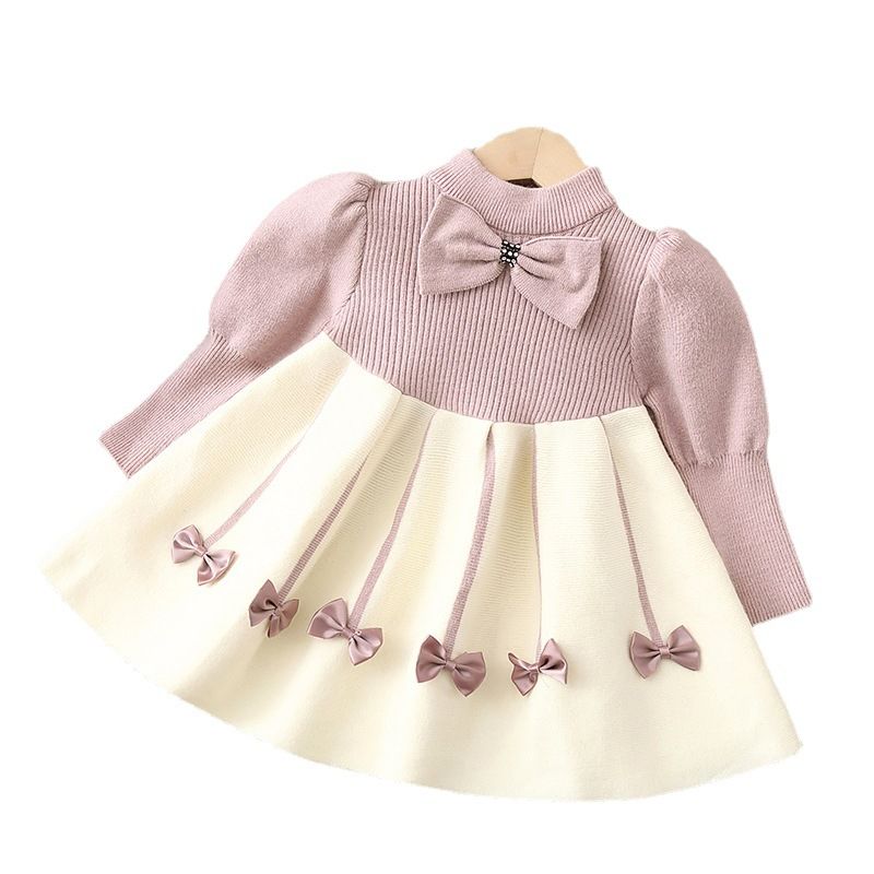 1pcGirls Casual Dresses Bow Puffy Sleeve Sweater Girls Winter Clothes Kids Dresses for Girls 2 To 8 Years Princess Dress Toddler