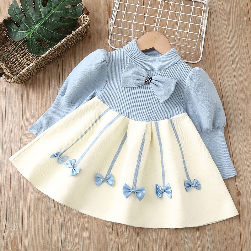 1pcGirls Casual Dresses Bow Puffy Sleeve Sweater Girls Winter Clothes Kids Dresses for Girls 2 To 8 Years Princess Dress Toddler