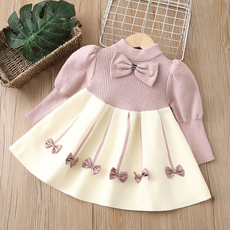 1pcGirls Casual Dresses Bow Puffy Sleeve Sweater Girls Winter Clothes Kids Dresses for Girls 2 To 8 Years Princess Dress Toddler