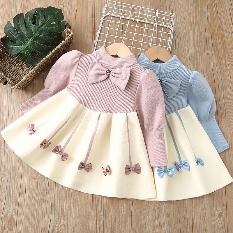 1pcGirls Casual Dresses Bow Puffy Sleeve Sweater Girls Winter Clothes Kids Dresses for Girls 2 To 8 Years Princess Dress Toddler