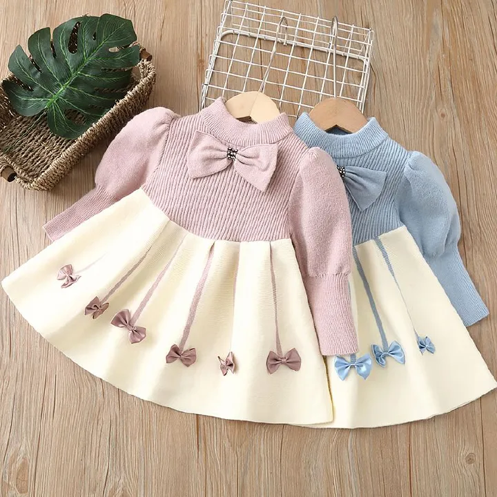 1pcGirls Casual Dresses Bow Puffy Sleeve Sweater Girls Winter Clothes Kids Dresses for Girls 2 To 8 Years Princess Dress Toddler