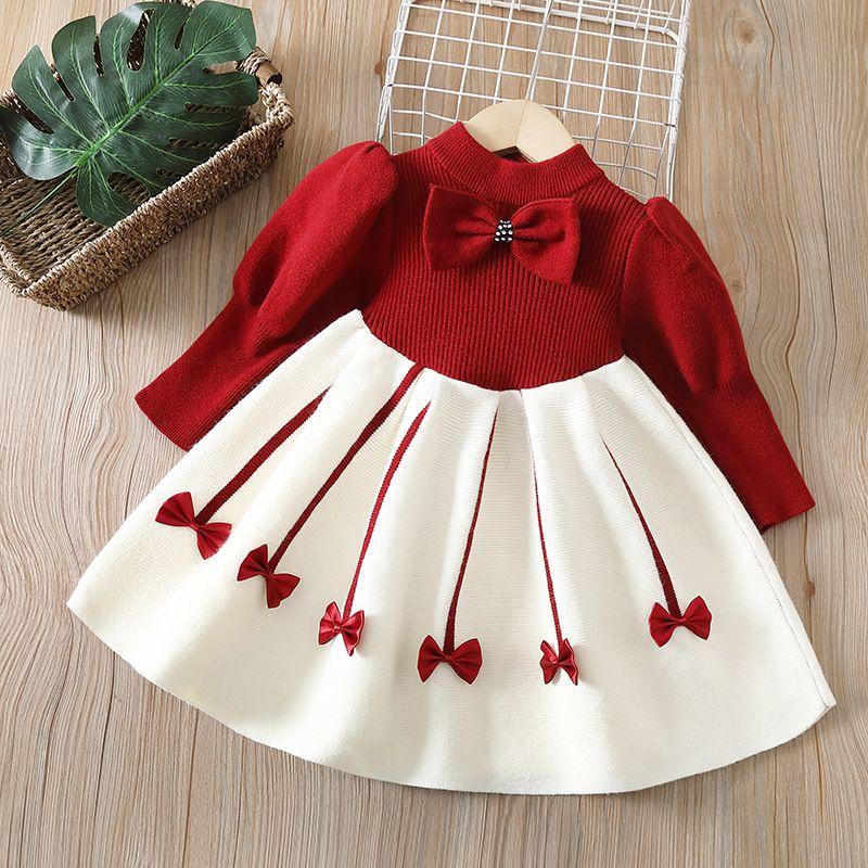 1pcGirls Casual Dresses Bow Puffy Sleeve Sweater Girls Winter Clothes Kids Dresses for Girls 2 To 8 Years Princess Dress Toddler