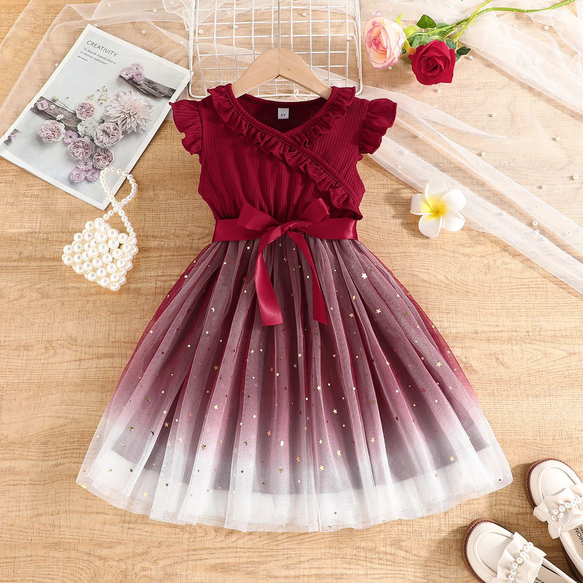 1pcDress For Kids 2-8 Years old Fashion Summer Cute Ruffled Sleeveless Star Tulle Princess Dresses Ootd For Baby Girl