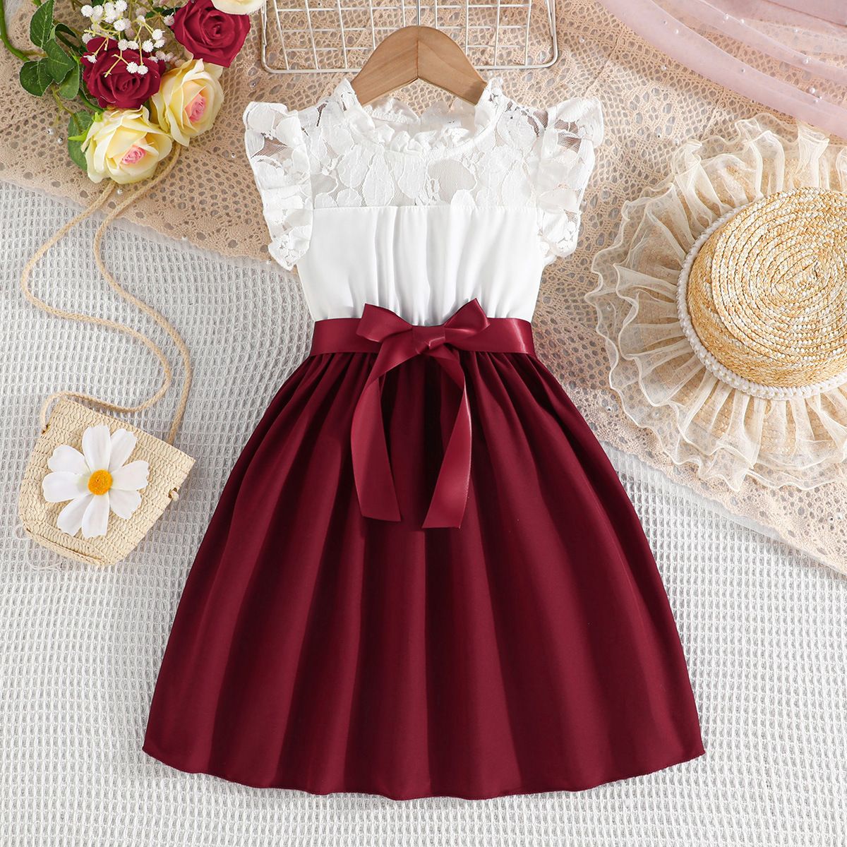 1pcDress For Kids 4-7 Years old Birthday Lace Ruffled Sleeve Button Back Princess Dresses Ootd For Baby Girl