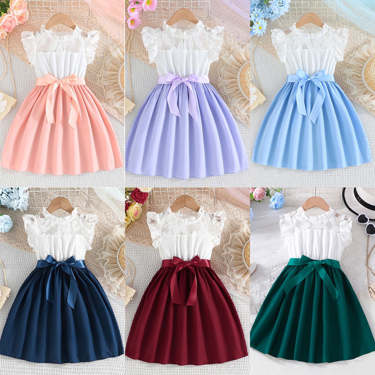 1pcDress For Kids 4-7 Years old Birthday Lace Ruffled Sleeve Button Back Princess Dresses Ootd For Baby Girl