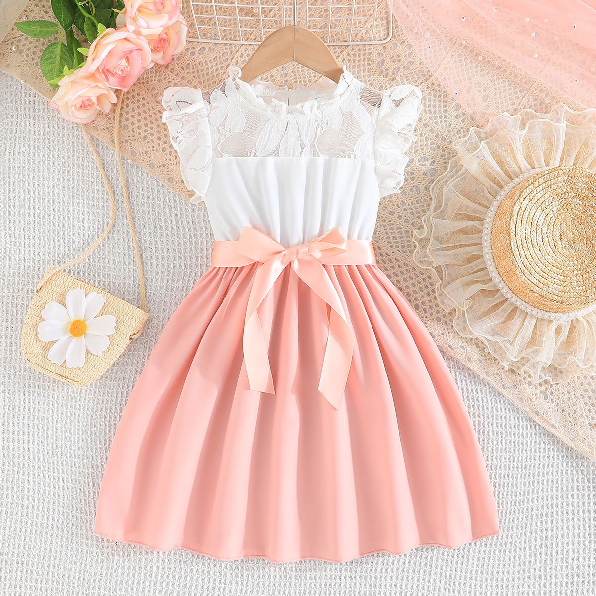 1pcDress For Kids 4-7 Years old Birthday Lace Ruffled Sleeve Button Back Princess Dresses Ootd For Baby Girl