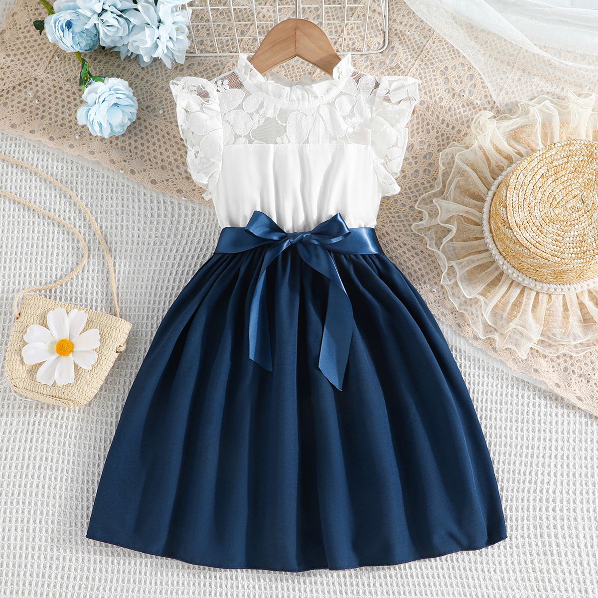 1pcDress For Kids 4-7 Years old Birthday Lace Ruffled Sleeve Button Back Princess Dresses Ootd For Baby Girl