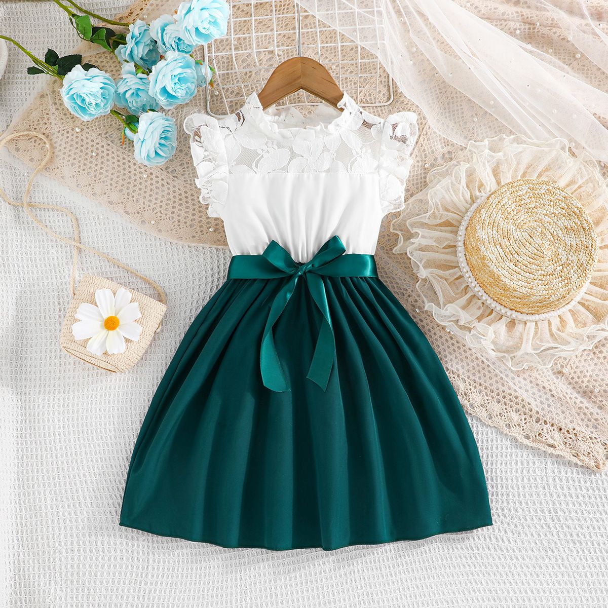 1pcDress For Kids 4-7 Years old Birthday Lace Ruffled Sleeve Button Back Princess Dresses Ootd For Baby Girl