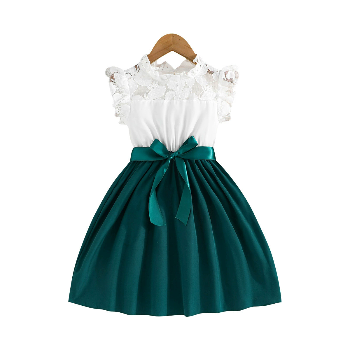 1pcDress For Kids 4-7 Years old Birthday Lace Ruffled Sleeve Button Back Princess Dresses Ootd For Baby Girl