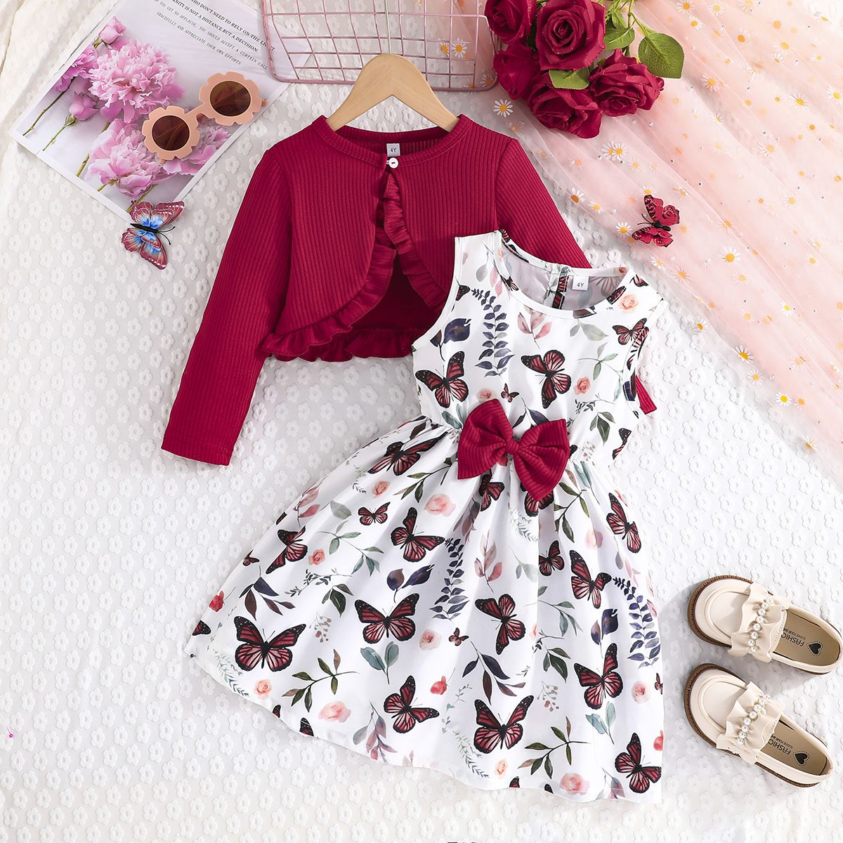 1 set of Kid Girl 2-8Years old Long Sleeve Coat Floral Princess Dresses Outfit Toddler Infant Clothing Set Fashion Kids Wear