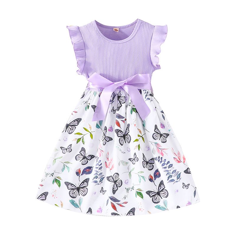 1pc   Wrinkled sleeves, butterfly flower chiffon, cute princess formal dress with belt, princess skirt