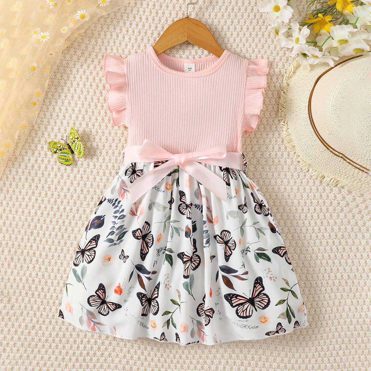 1pc   Wrinkled sleeves, butterfly flower chiffon, cute princess formal dress with belt, princess skirt