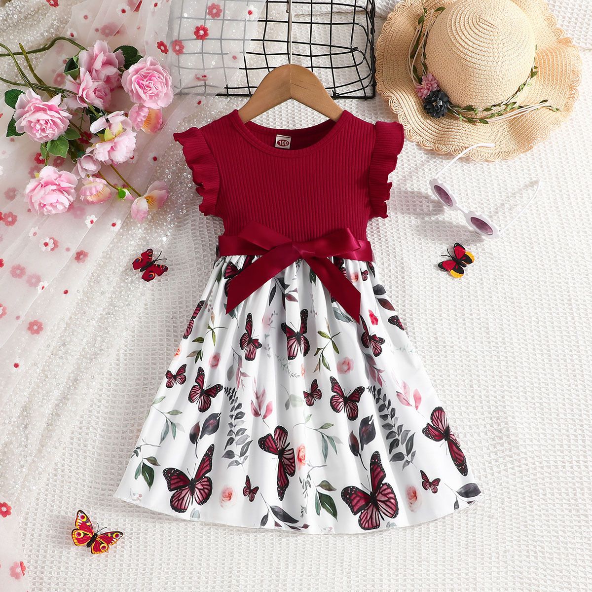 1pc   Wrinkled sleeves, butterfly flower chiffon, cute princess formal dress with belt, princess skirt
