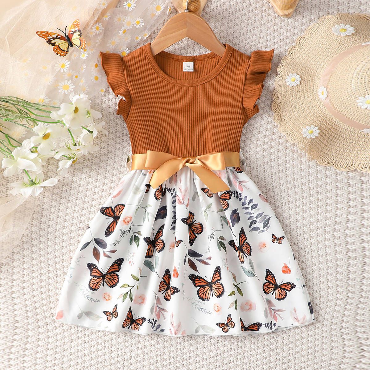 1pc   Wrinkled sleeves, butterfly flower chiffon, cute princess formal dress with belt, princess skirt
