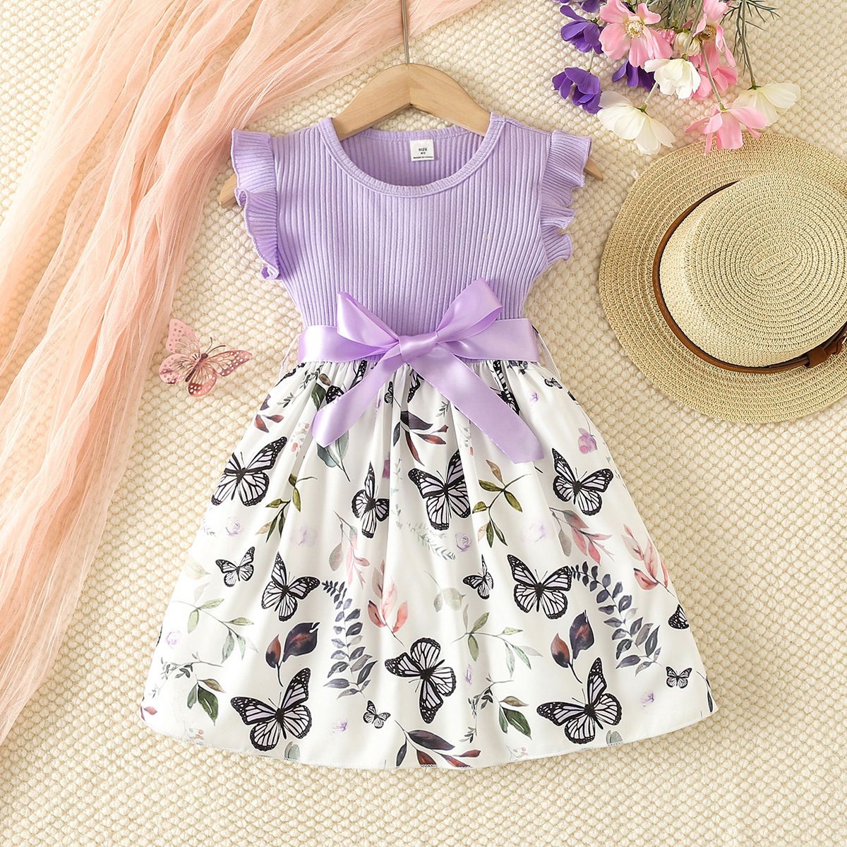1pc   Wrinkled sleeves, butterfly flower chiffon, cute princess formal dress with belt, princess skirt