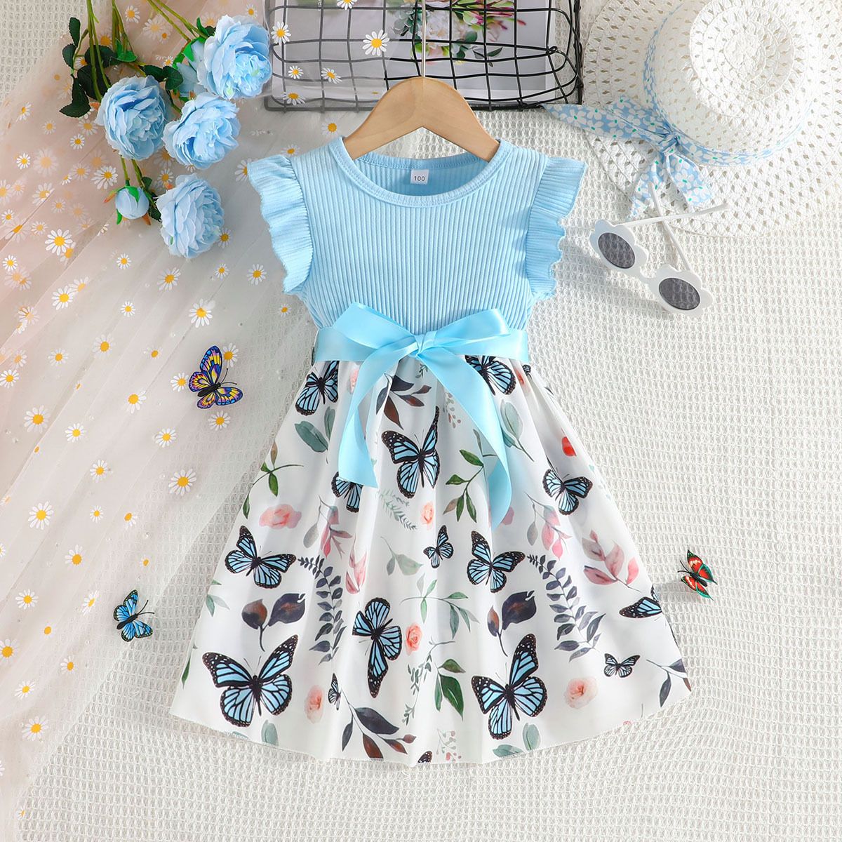1pc   Wrinkled sleeves, butterfly flower chiffon, cute princess formal dress with belt, princess skirt
