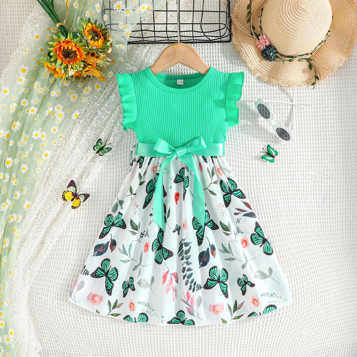1pc   Wrinkled sleeves, butterfly flower chiffon, cute princess formal dress with belt, princess skirt