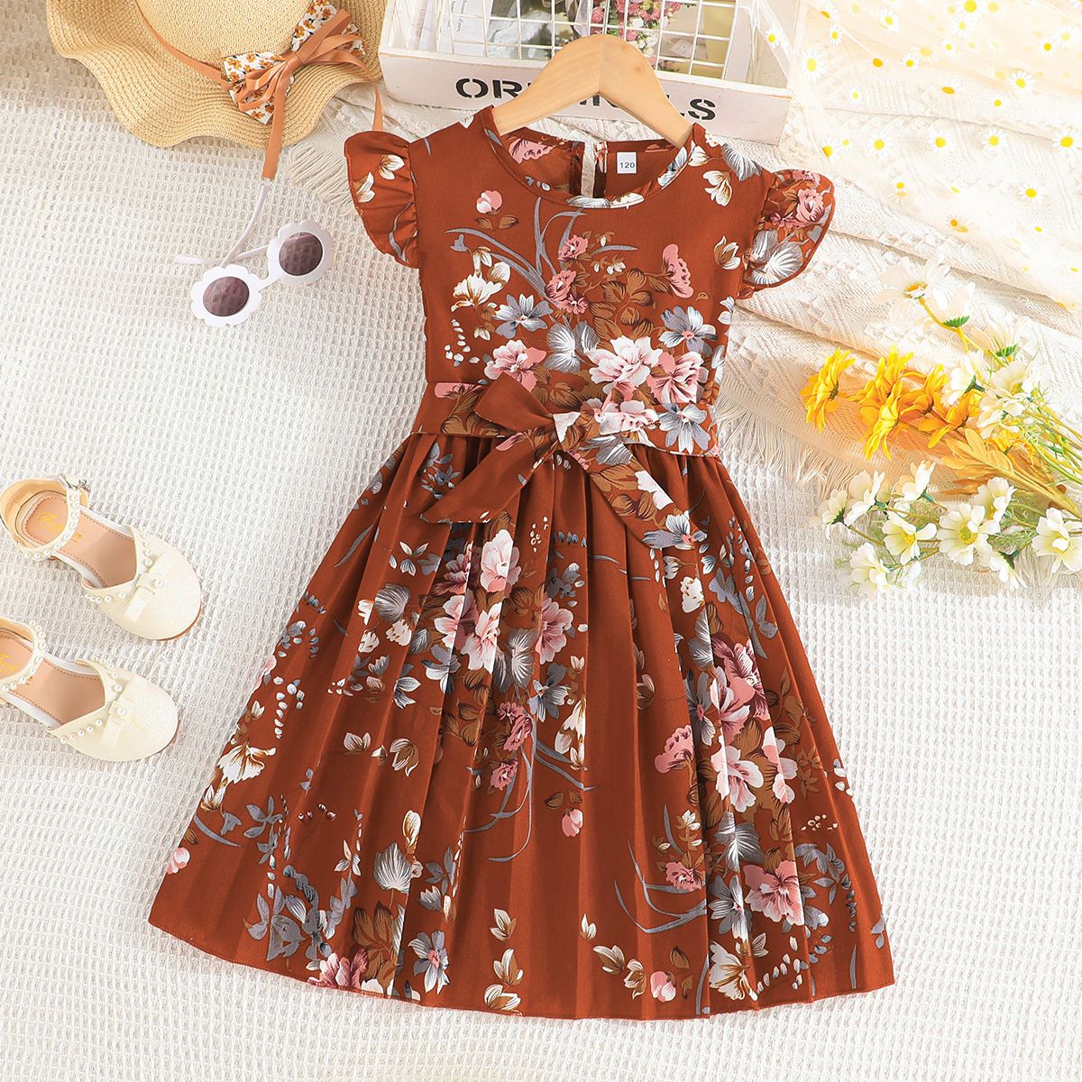 1pc5-14 Birthday Children's Dress Cute Flower Ruffle Sleeves Ruffle Skirt Princess Dress