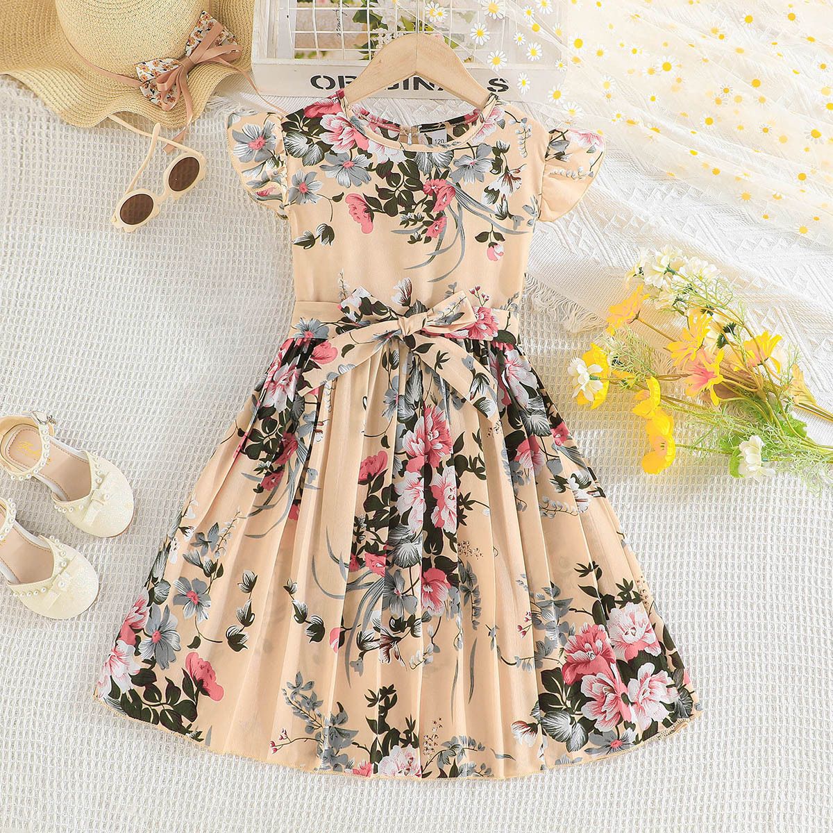 1pc5-14 Birthday Children's Dress Cute Flower Ruffle Sleeves Ruffle Skirt Princess Dress