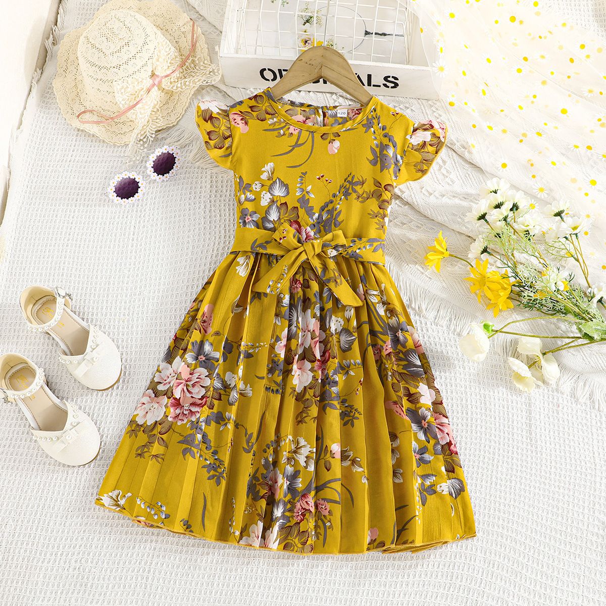 1pc5-14 Birthday Children's Dress Cute Flower Ruffle Sleeves Ruffle Skirt Princess Dress
