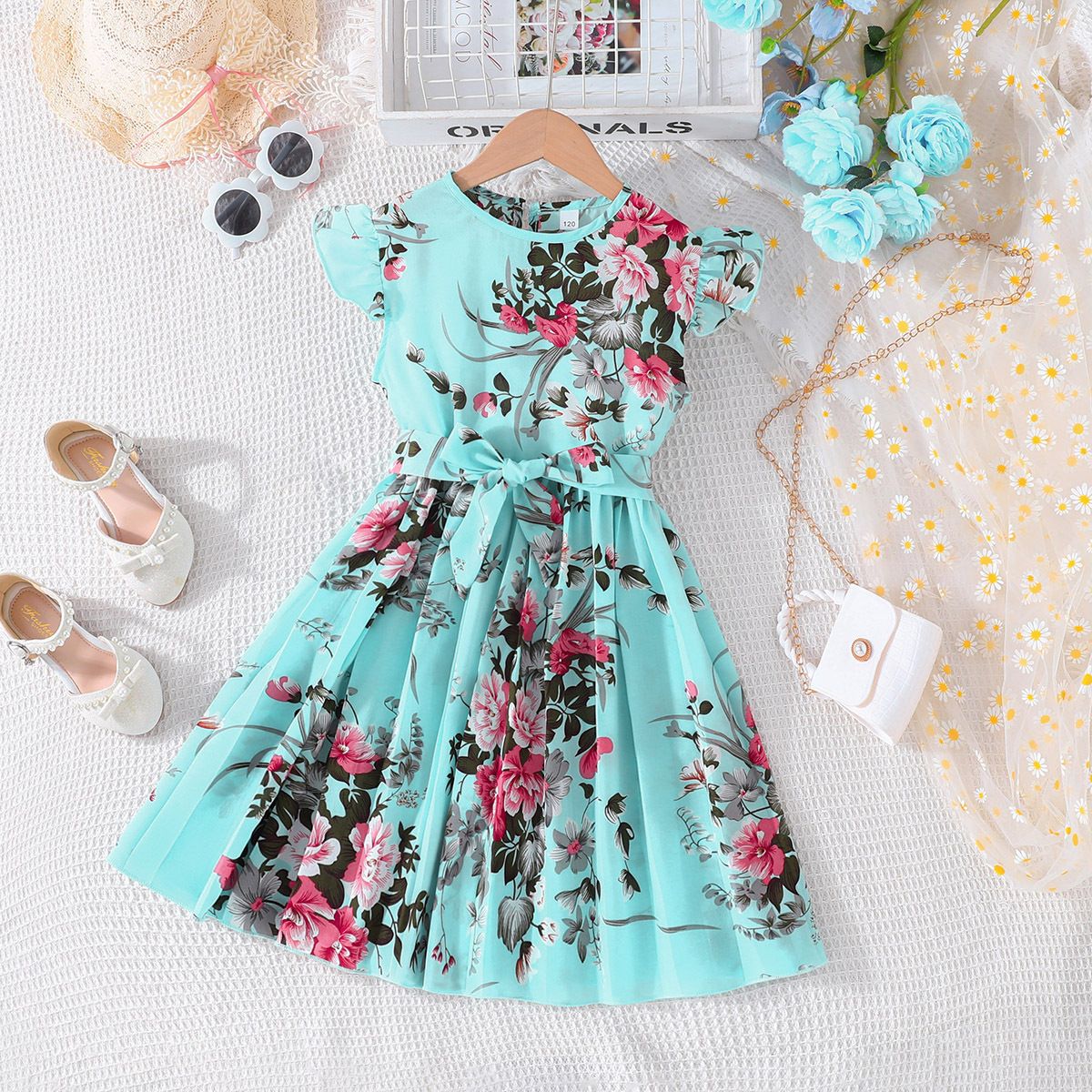 1pc5-14 Birthday Children's Dress Cute Flower Ruffle Sleeves Ruffle Skirt Princess Dress