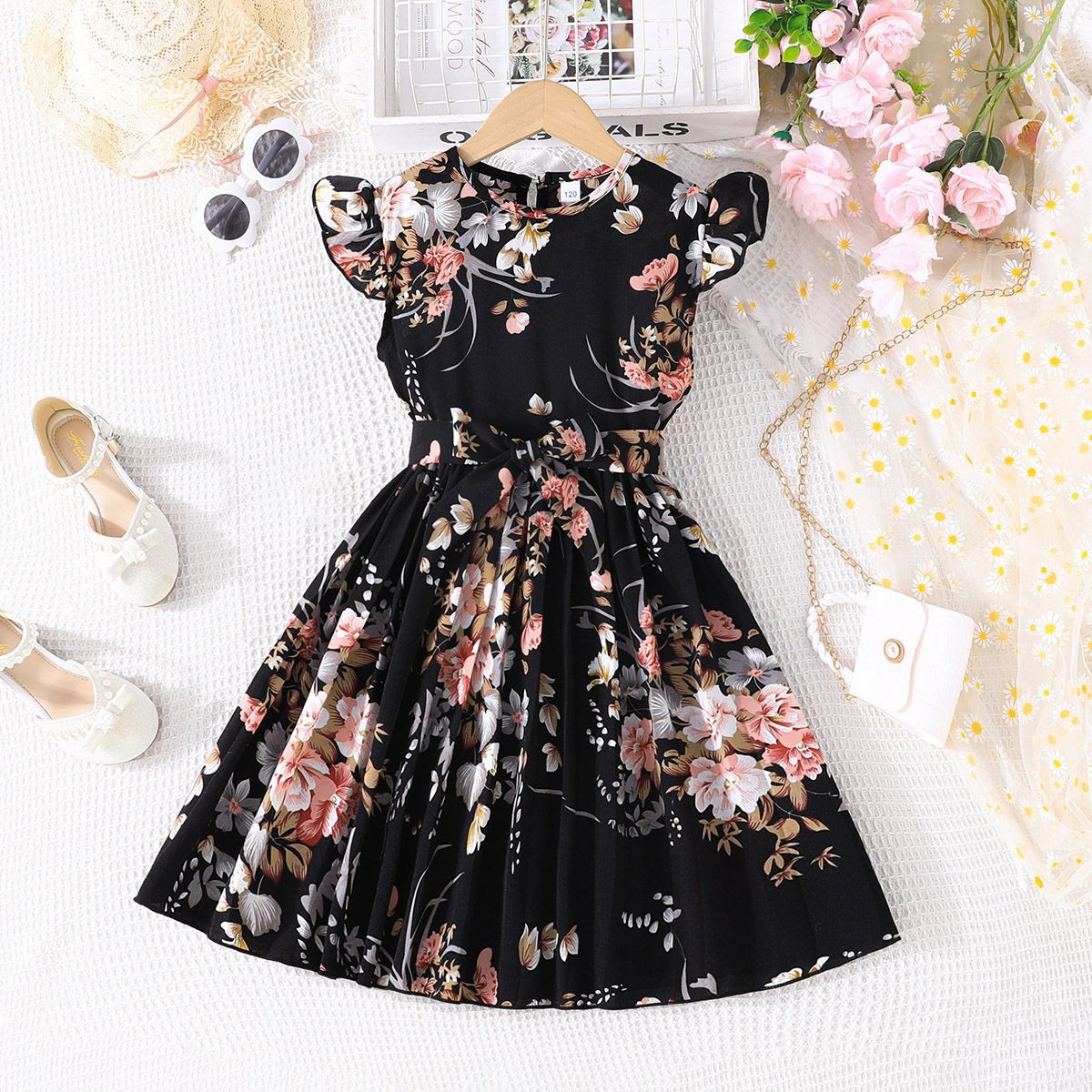 1pc5-14 Birthday Children's Dress Cute Flower Ruffle Sleeves Ruffle Skirt Princess Dress