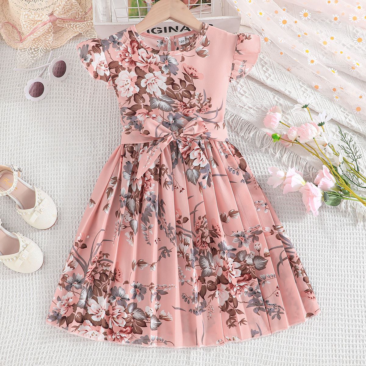 1pc5-14 Birthday Children's Dress Cute Flower Ruffle Sleeves Ruffle Skirt Princess Dress