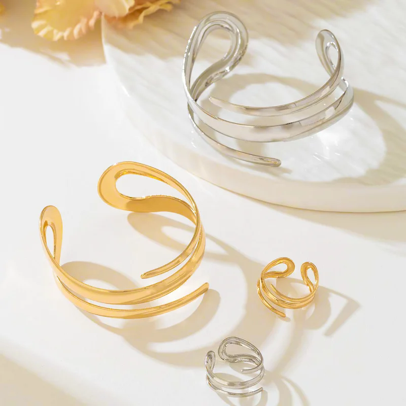 Stainless Steel Water Drop Bangle Ring Set for Women Luxury Geometric Teardrop Open WristCuff Irregular Twisted Bracelet Jewelry A-2120