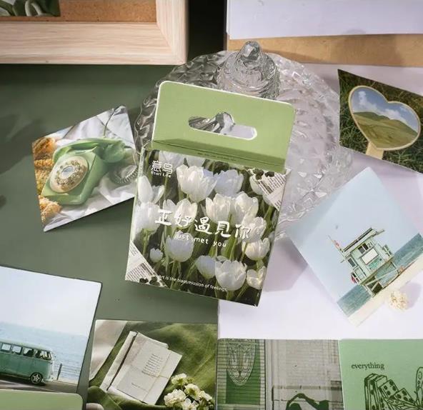 46 Pcs/box Green Landscape Aesthetic Stickers INS Style Stickers Retro flower Scrapbooking Label Diary Stationery stickers