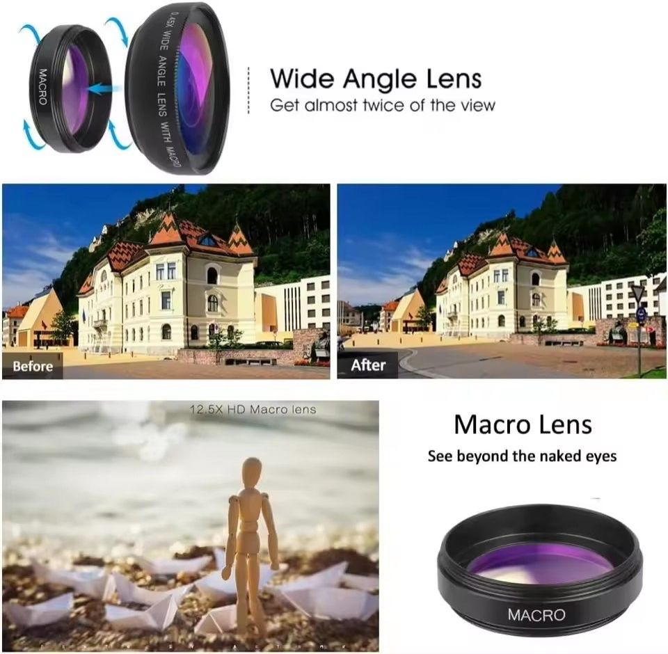 1PC 2 IN 1 Lens Universal Clip 37mm Mobile Phone Lens Professional 0.45X 49uv Super Wide-Angle + Macro HD Lens C-644