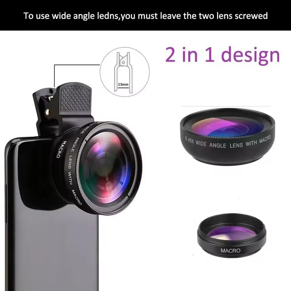 1PC 2 IN 1 Lens Universal Clip 37mm Mobile Phone Lens Professional 0.45X 49uv Super Wide-Angle + Macro HD Lens C-644