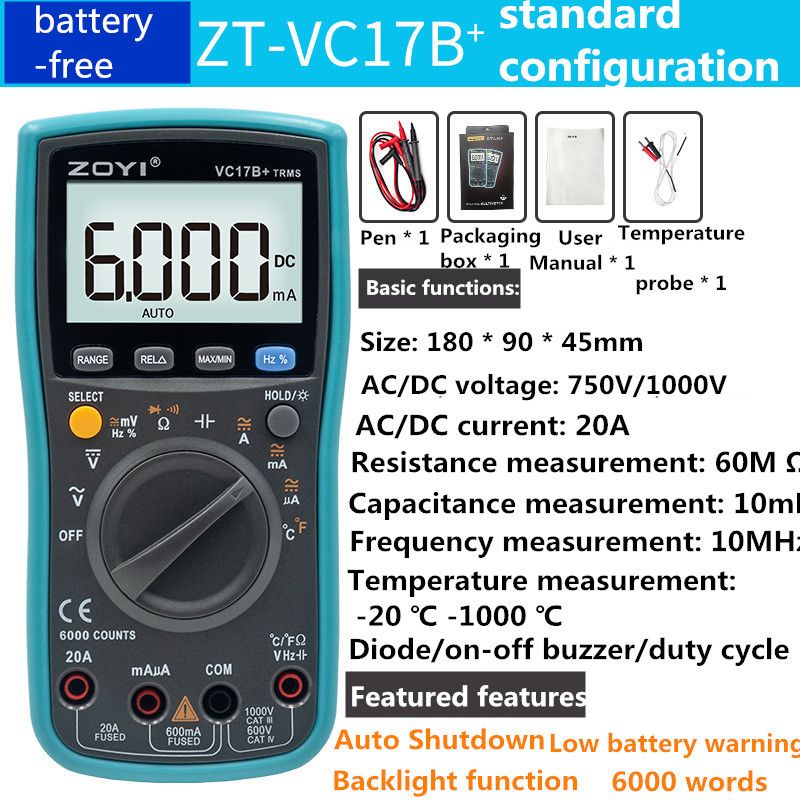 1PC ZOYI Digital Multimeter DC/AC Voltage Current Capacitance Hz Diode Ohm Meter Ammeter Voltmeter Backlit