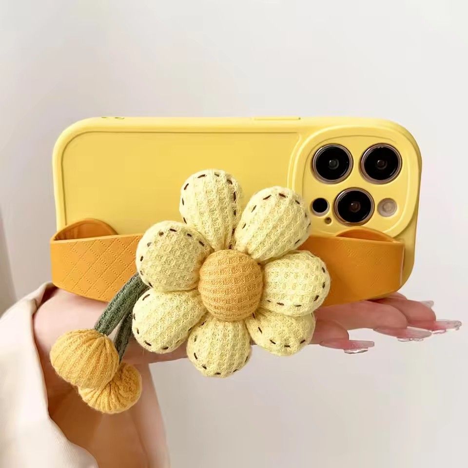 1PC Korean ins Style Pumpkin Flower Cute Phone Case For iPhone 15 14 13 12  Pro Max Plus With Wristband Straps Protection Cover