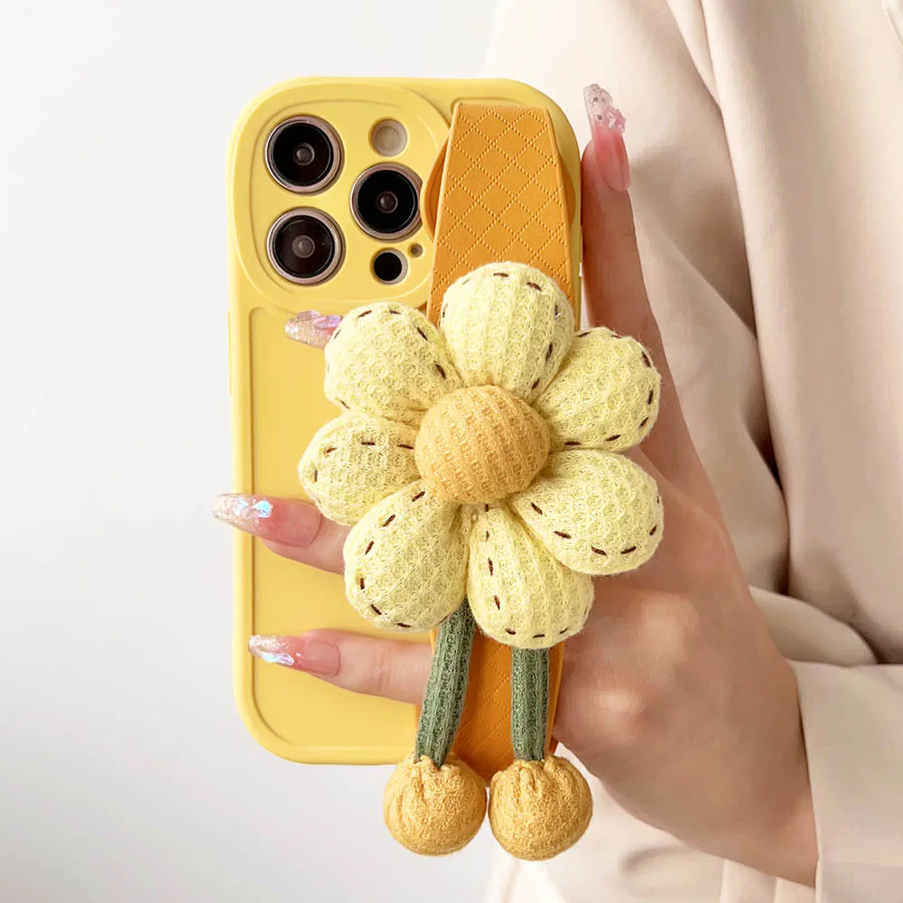 1PC Korean ins Style Pumpkin Flower Cute Phone Case For iPhone 15 14 13 12  Pro Max Plus With Wristband Straps Protection Cover
