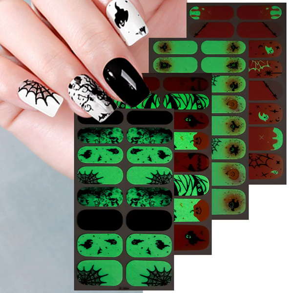 1PC  New Halloween luminous nail oil film nail stickers, spider web ghost dark style European and American nail stickers view 2