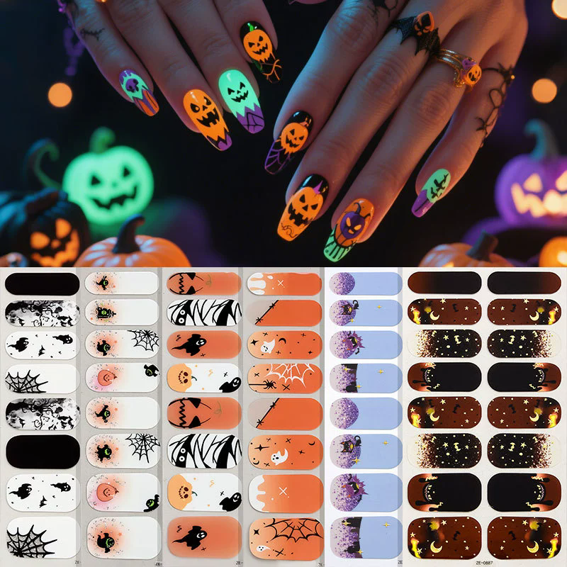 1PC  New Halloween luminous nail oil film nail stickers, spider web ghost dark style European and American nail stickers