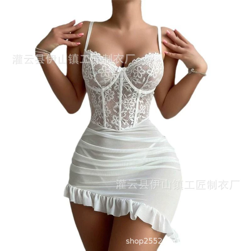 1PC European and American summer women's sexy lace and lace lingerie set, steel ring gathering sling, see through mesh pajamas