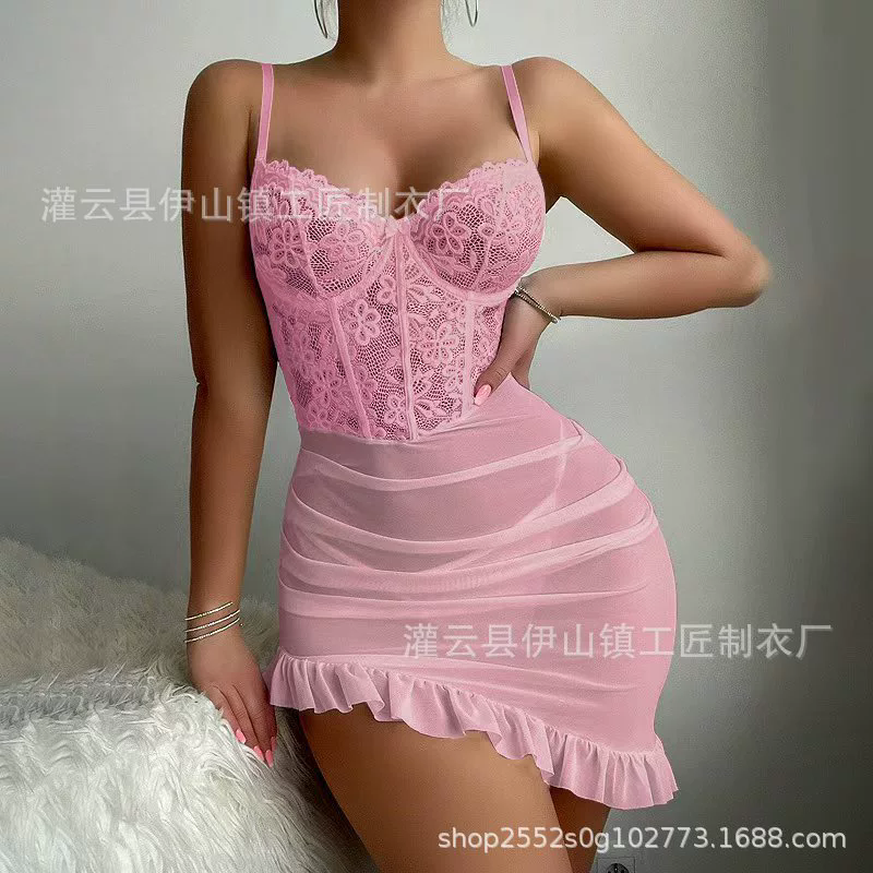 1PC European and American summer women's sexy lace and lace lingerie set, steel ring gathering sling, see through mesh pajamas