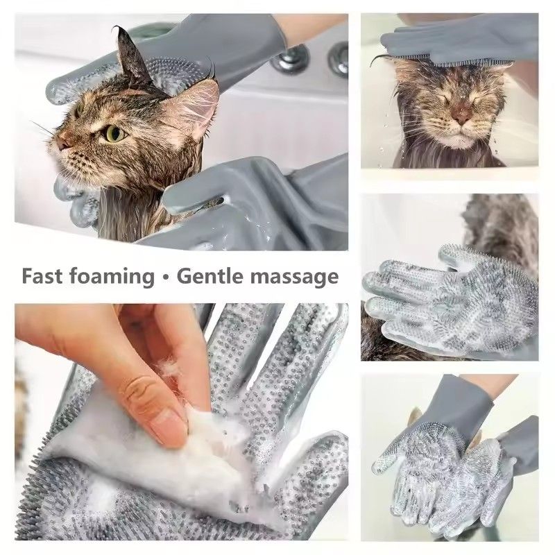 1 Pair Pet grooming and cleaning gloves, dog and cat bathing and shampooing gloves, scrubber, silicone hair removal gloves