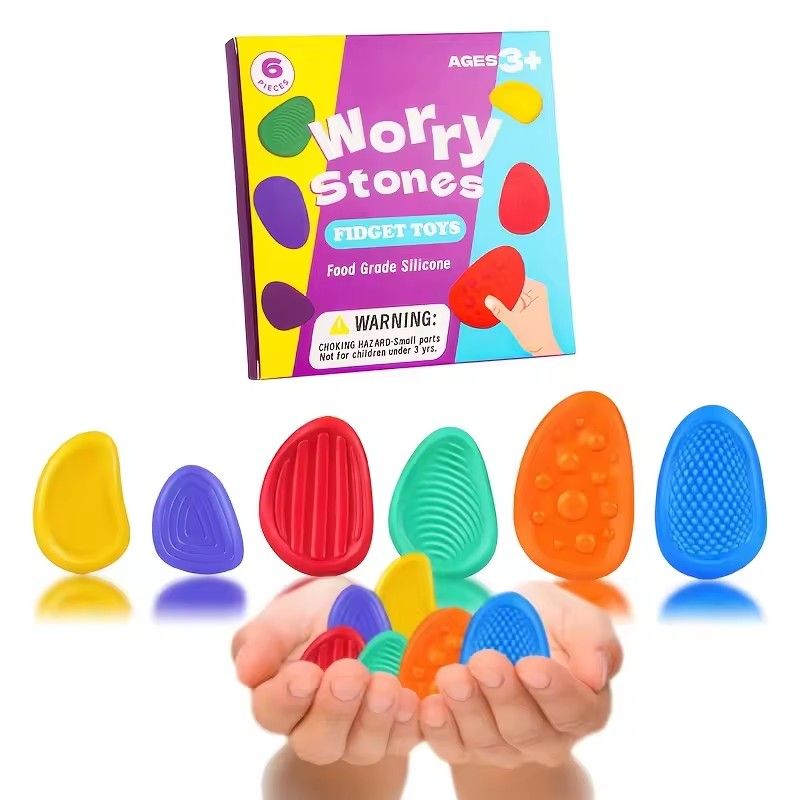 1Set New  Toys Adults Sensory Silicone Stone 6 Pc Textured for Autism Kids Calming Down Fidget Stress Relief Toys