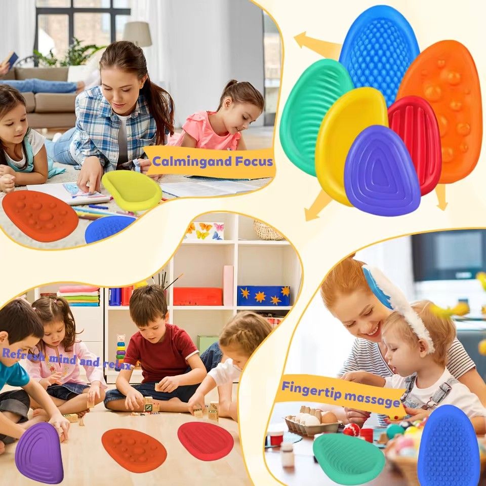 1Set New  Toys Adults Sensory Silicone Stone 6 Pc Textured for Autism Kids Calming Down Fidget Stress Relief Toys