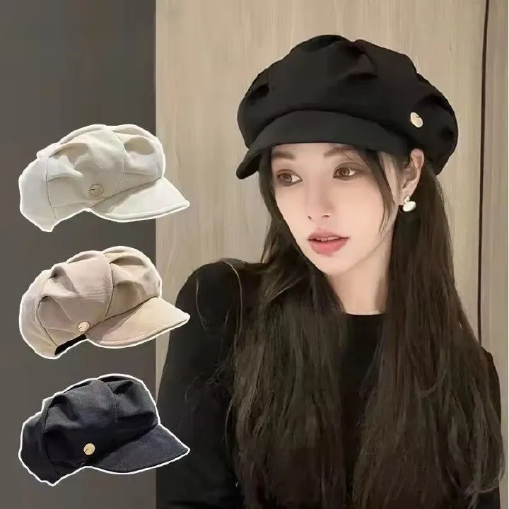 1PC  Cloud Berets Fashion Pleated Octagonal Cap Vintage Solid Color Peaked Caps For Women Newsboy Painter Artist Hat