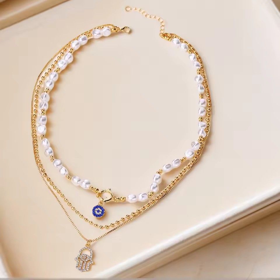 1PC Vintage Geometric Pendant Necklace for Women Lucky Evil Eyes Palm Cross Pearl Zircon Multi-layer Metal Chain Choker Jewelry